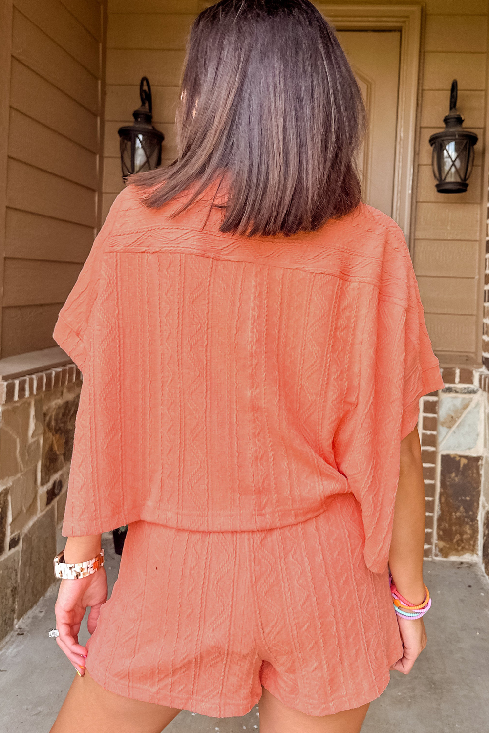 Skobeloff Textured Ruffle Split Top and Drawstring Shorts Set