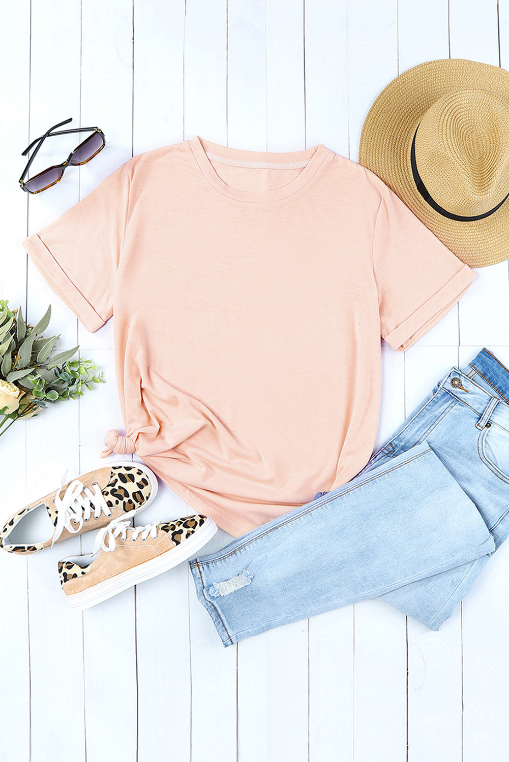 Blank T Shirt - Pink Casual Solid Color Crew Neck Tee Customized