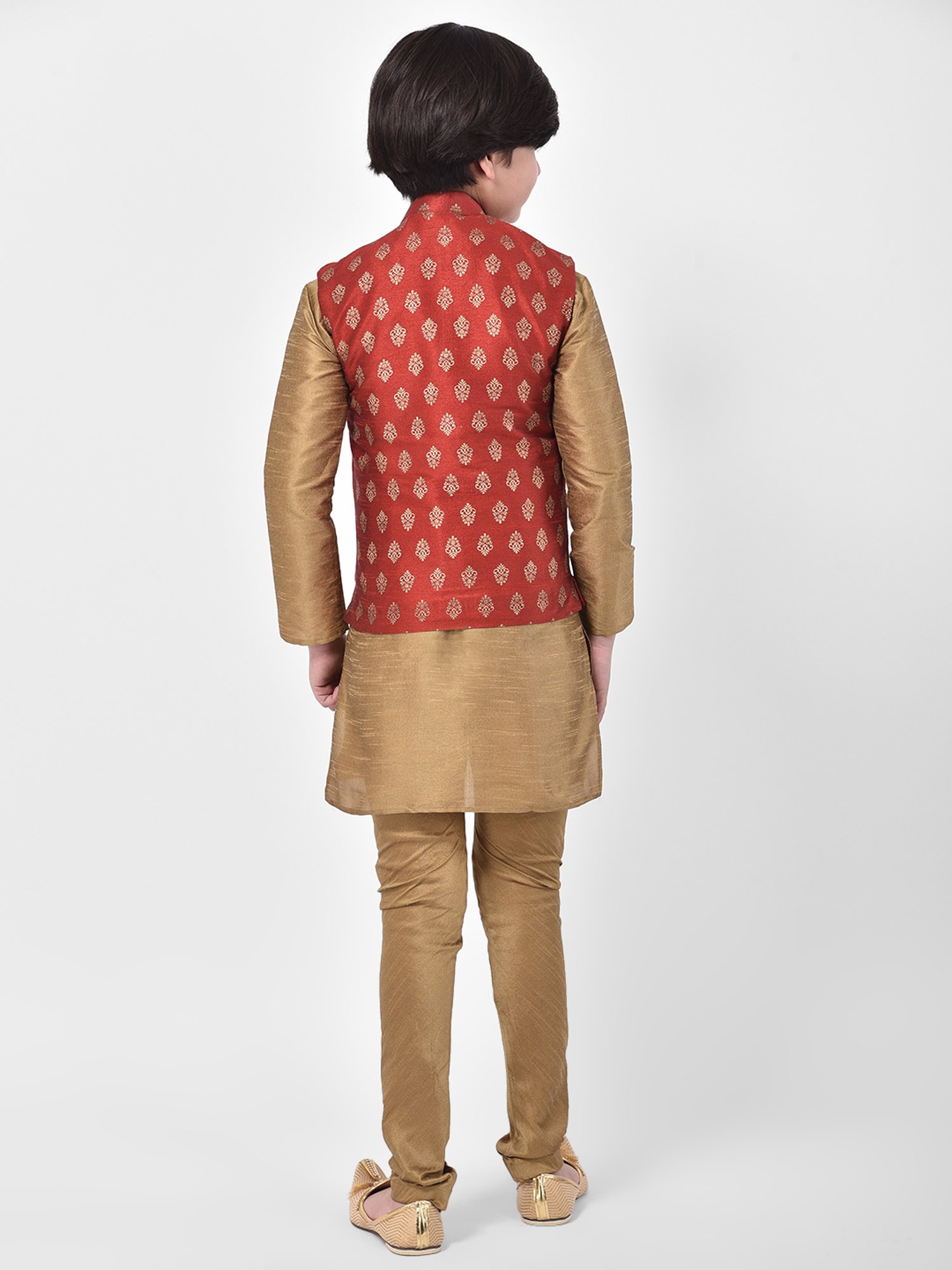Deyann Kids Brown & Red Self Design Full Sleeves Kurta, Churidar Pants with Nehru Jacket
