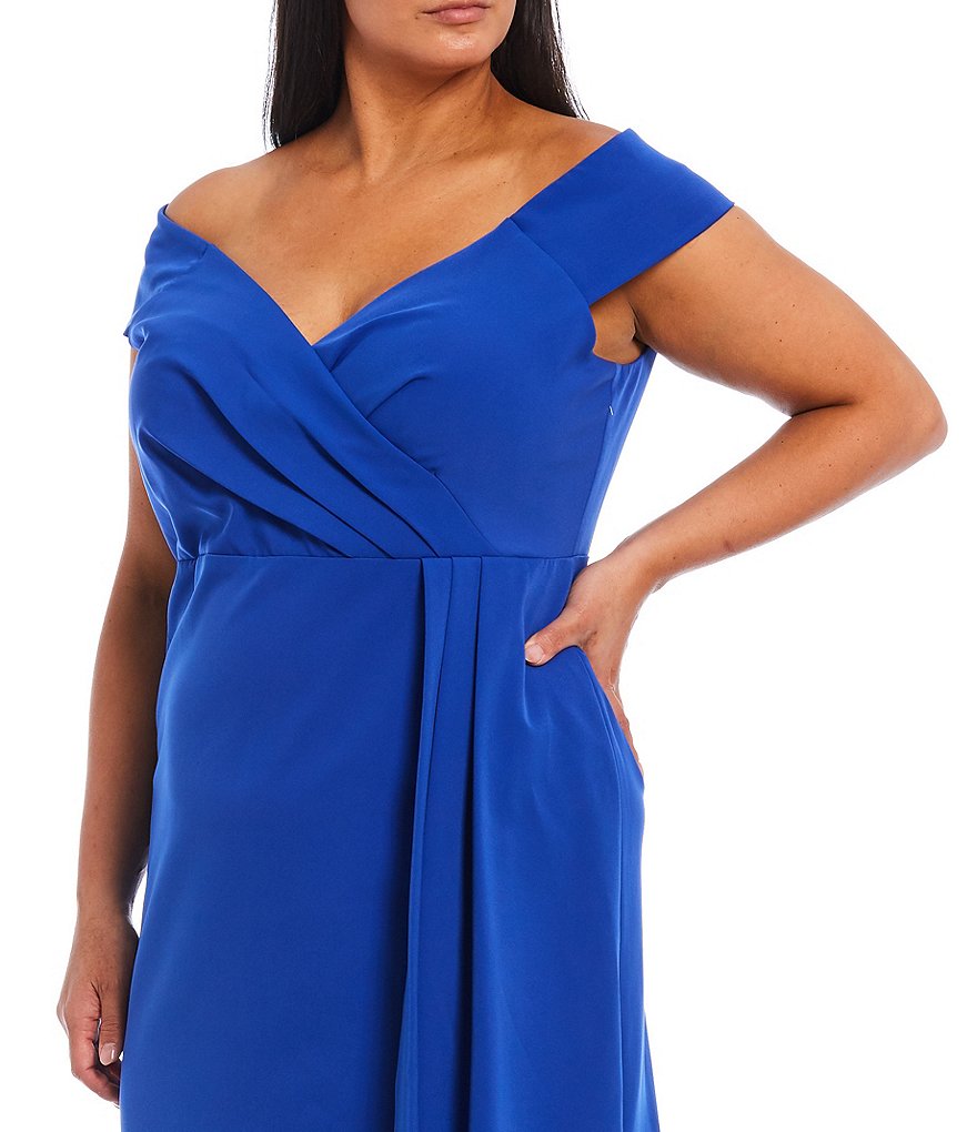 Eliza J Plus Size Crepe Off-the-Shoulder Asymmetrical Pleated Detail Cocktail Dress