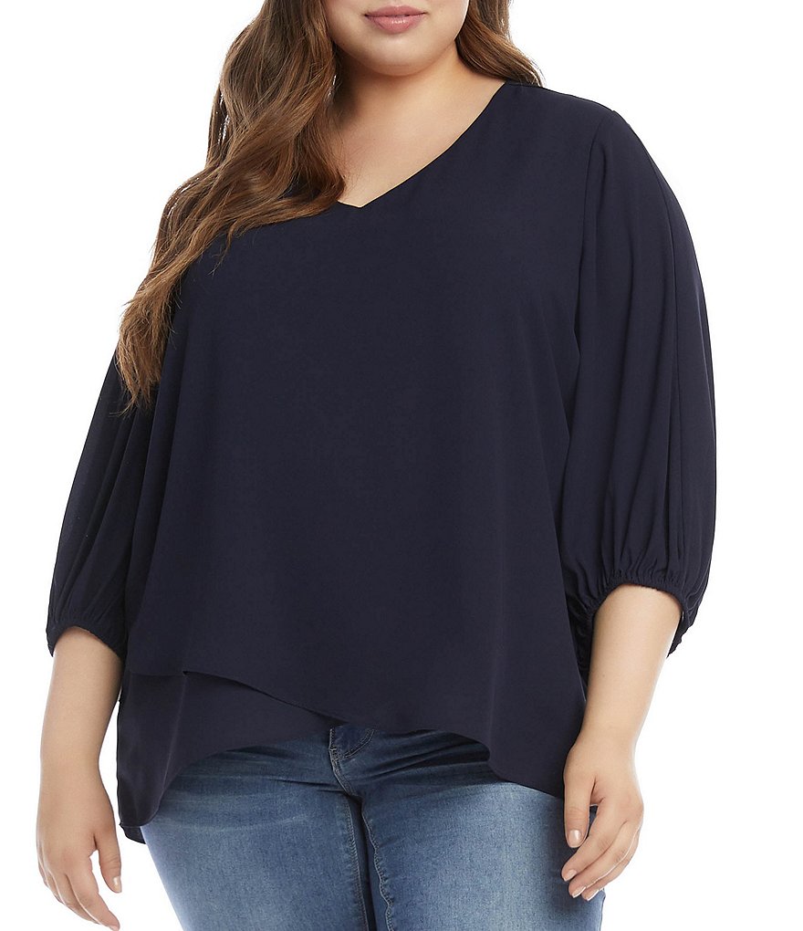 Karen Kane Plus Size Round V-Neck Crossover Blouson 3/4 Sleeve Top