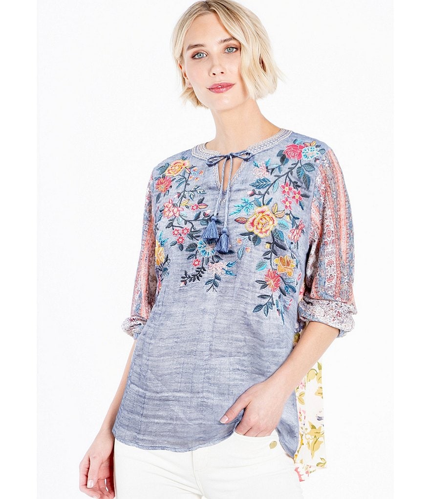 John Mark Embroidered Double Weave Gauze Tassel Tunic