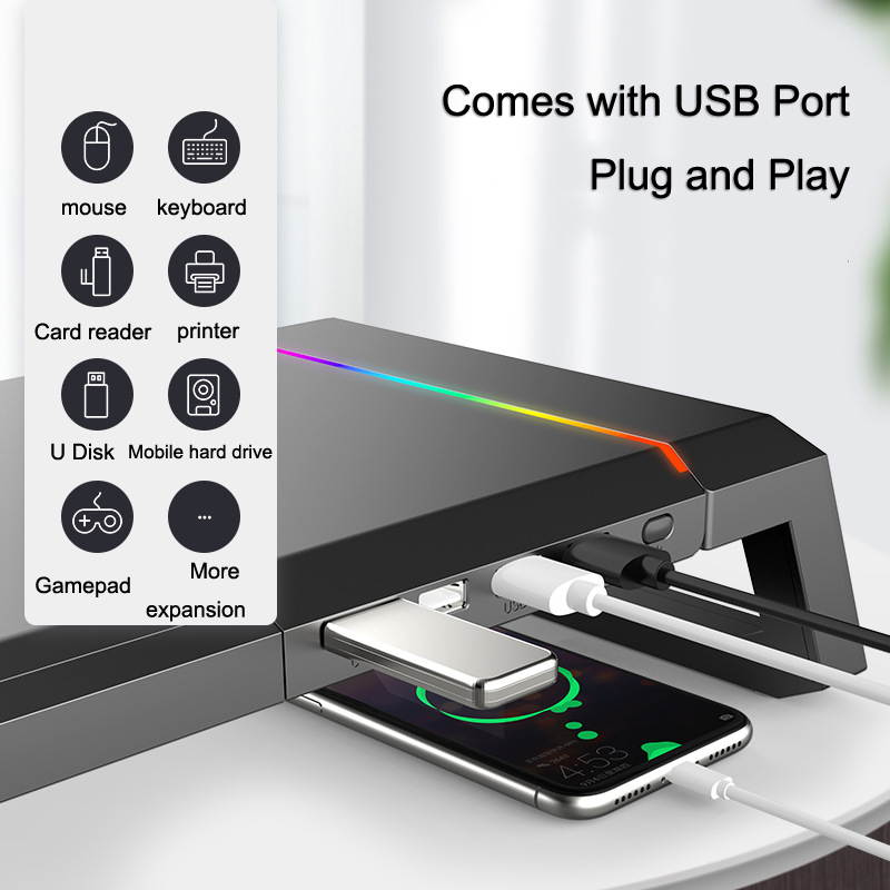 Monitor Increased Rack Multi-function Monitor Stand Monitor Foldable Base mount With RGB Lighting & 4xUSB Expansion Interface
