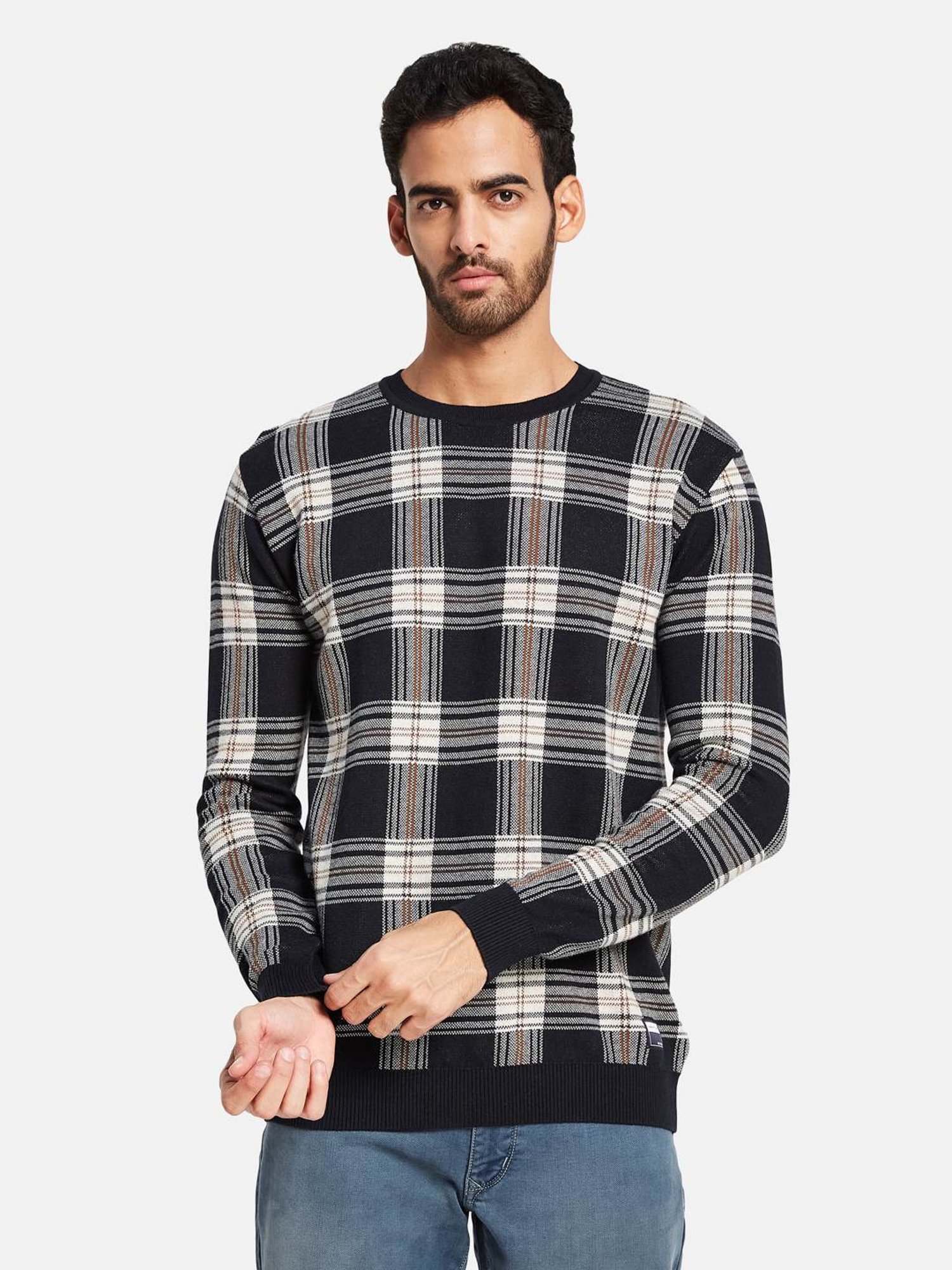 METTLE Navy Cotton Regular Fit Checks Sweater