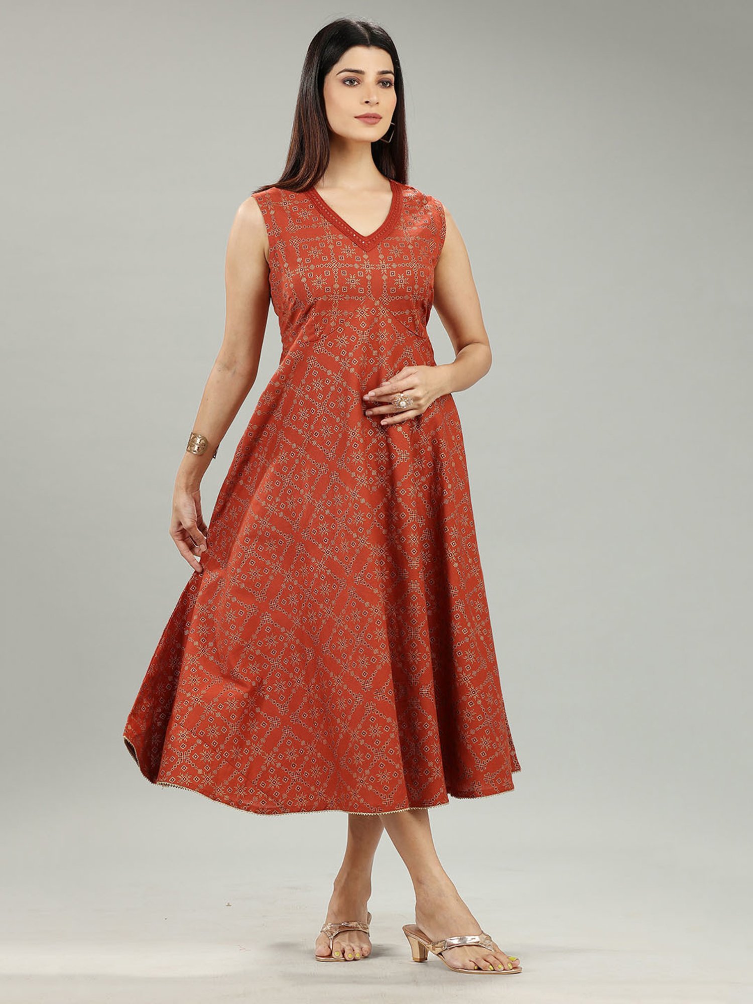 Cotton Culture Light Brown Printed Ethnic Dress