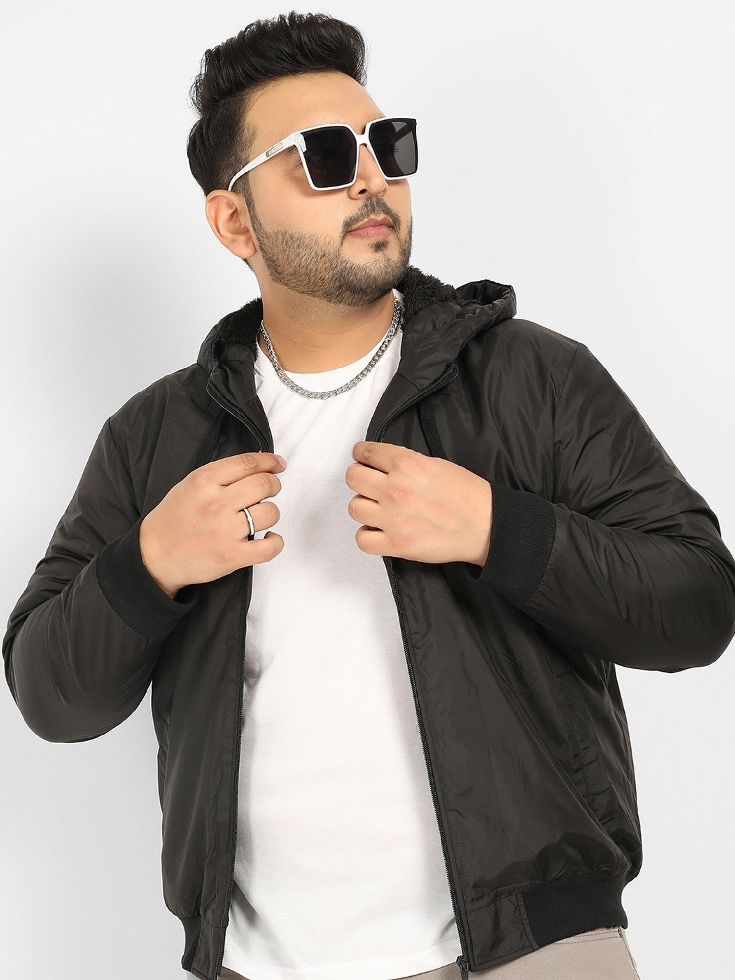 Instafab Plus Black Regular fit Plus Size Hooded Jacket