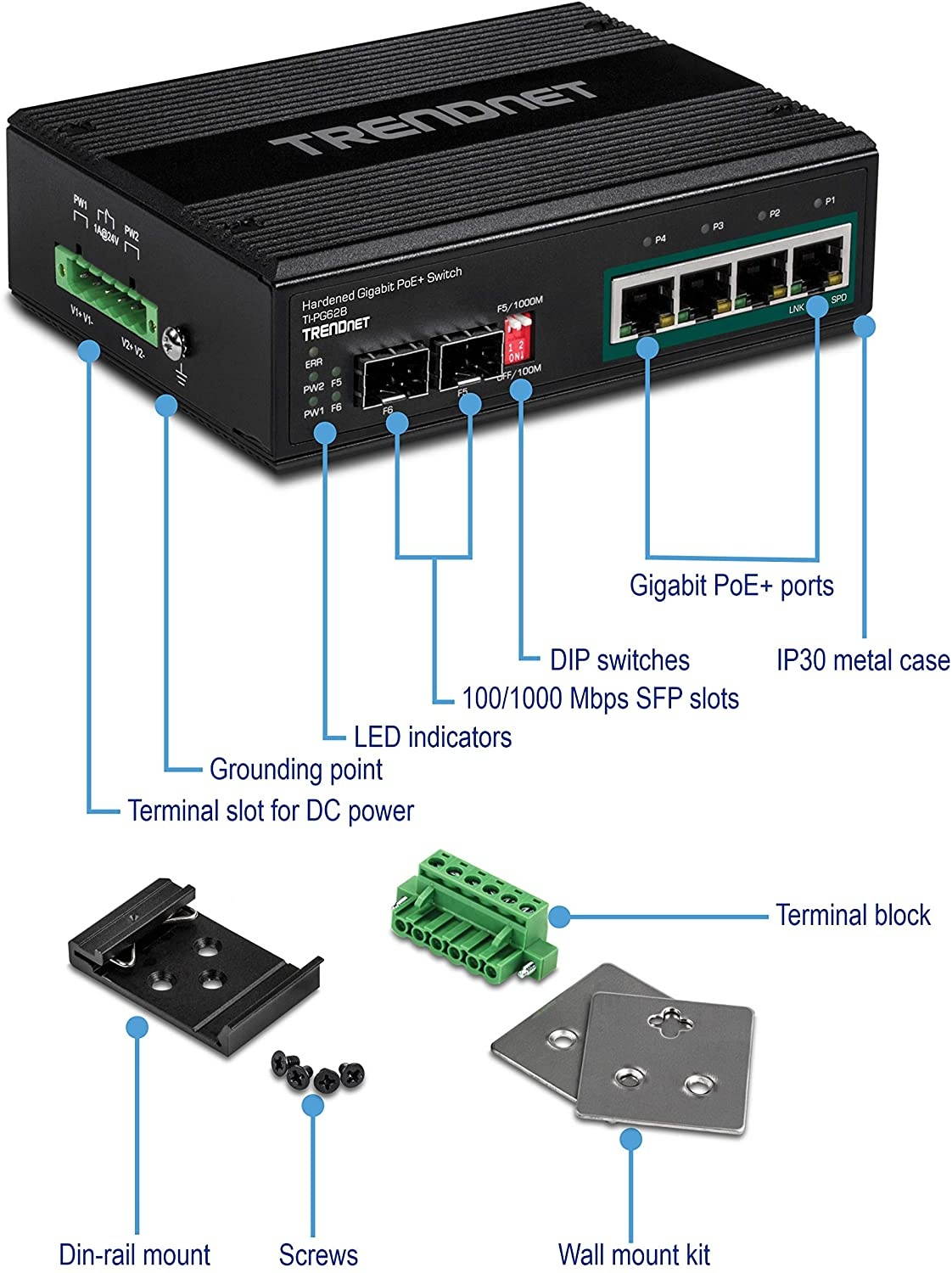 TRENDnet 6-Port Industrial Gigabit PoE+ DIN-Rail Switch, 12-56V, Alarm Relay, 2 Dedicated SFP Slots, IP30 Rated Housing, Lifetime Protection, TI-PG62B