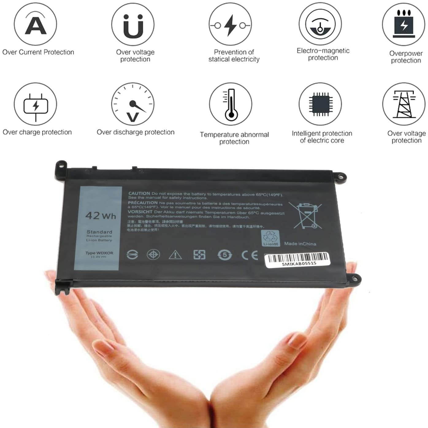WDX0R Laptop Battery for Dell Inspiron 13 5368 5378 5379 7368 7378 Inspiron 14-7460 15 5565 5567 5568 5578 7560 7570 7579 7569 P58F 17 5765 5767 C92N 3CRH3 T2JX4 CYMGM WDXOR Notebook Battery 11.4V 42W
