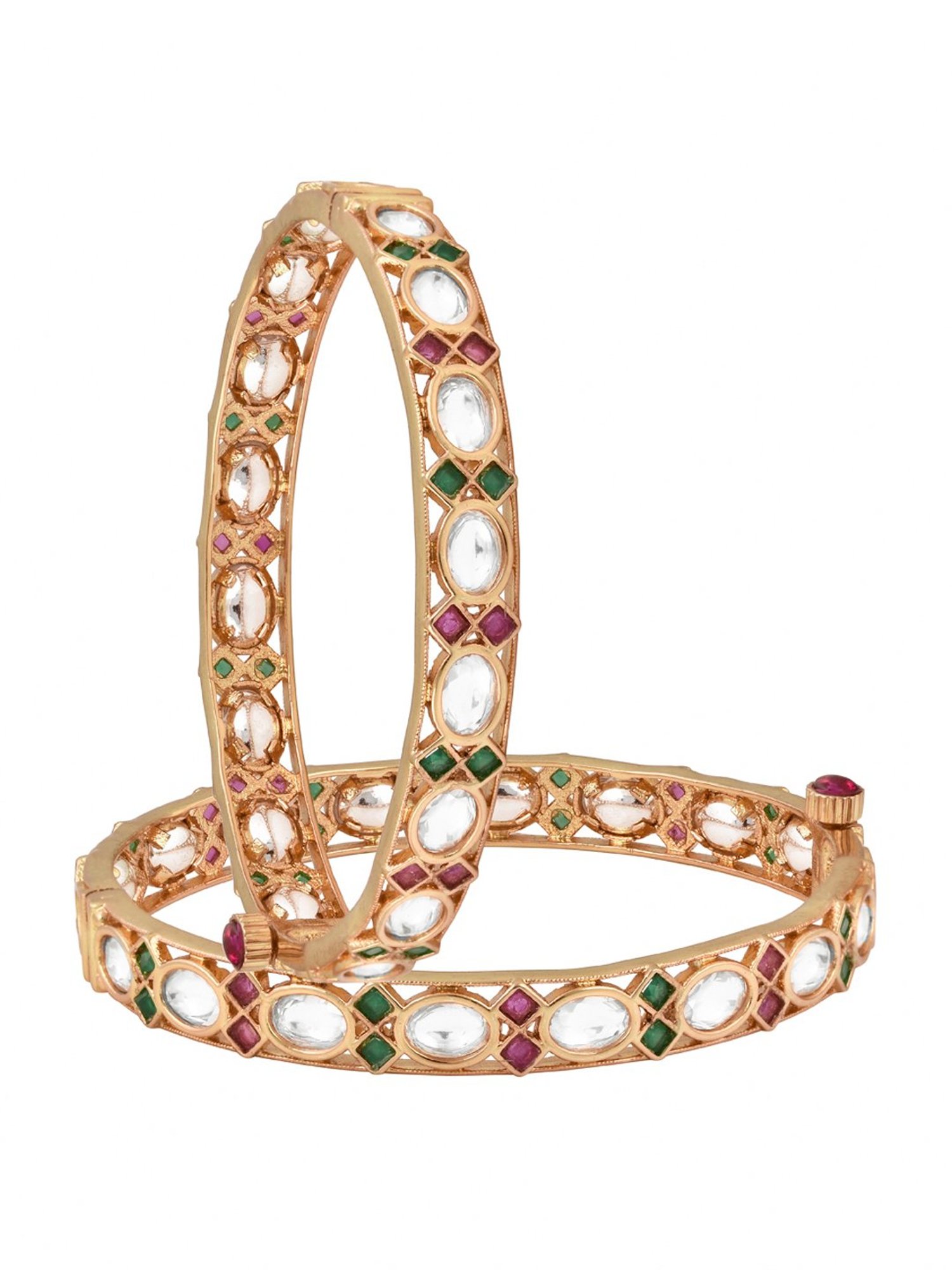 Curio Cottage Meira Red & Green Kundan Bangles for Women - Set of 2