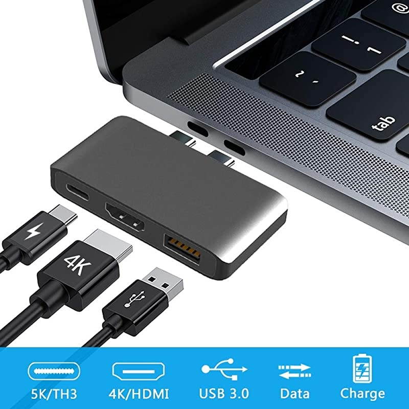 C Hub, Aluminum Dual Type C Hub Adapter, MacBook Pro Accessories with 4K HDMI, 5K -C Power Delivery, 3.0 Port for MacBook Pro 2016/2017/2018/2019, MacBook Air 2018 2019 2020