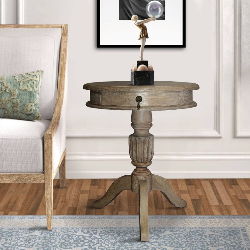 Round Mango Wood Storage Drawer Table with Pedestal Base and Molded Top Gray - The Urban Port
