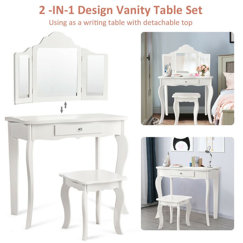 Costway Vanity Table Set Makeup Dressing Table Kids Stool Mirror