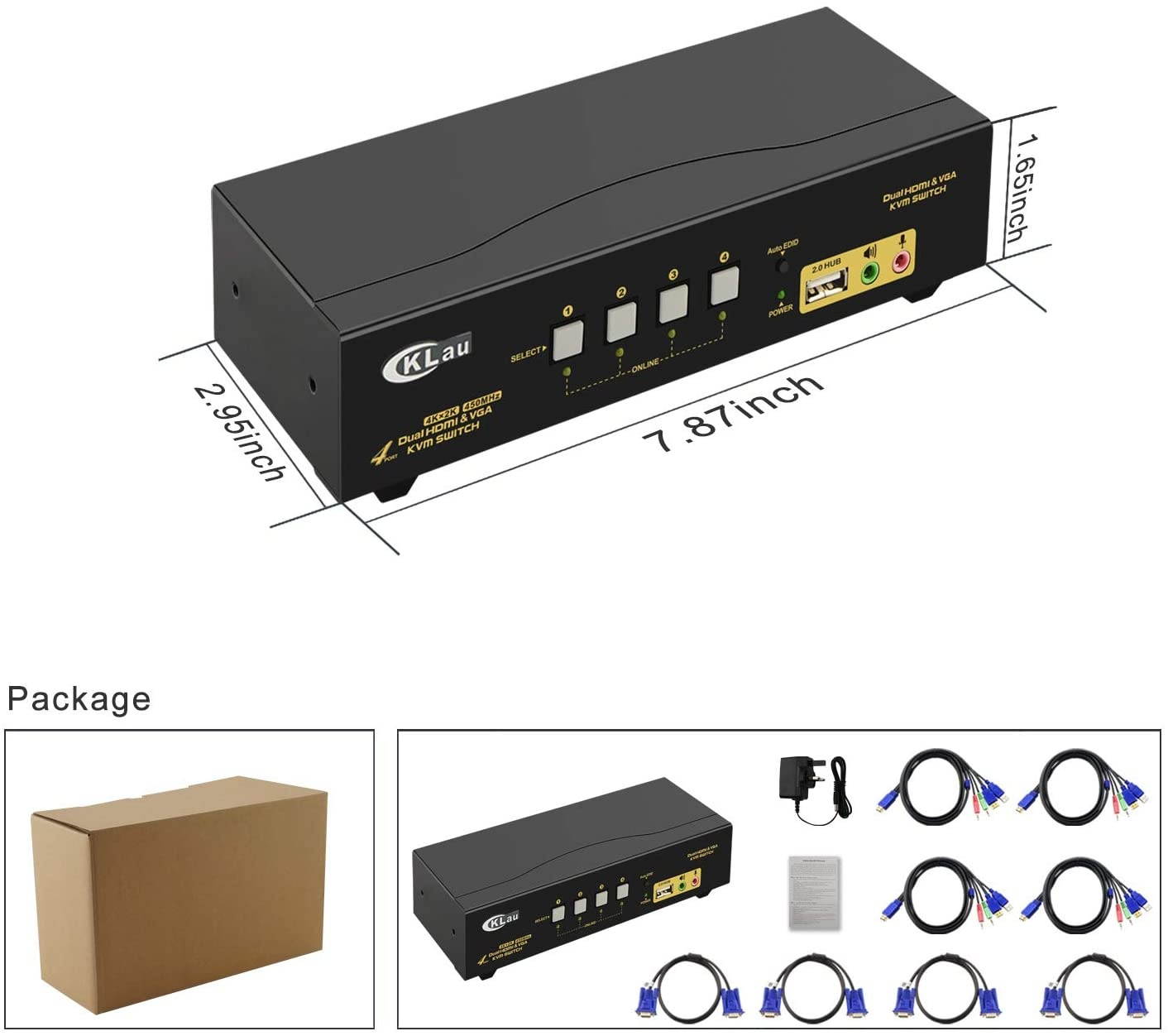 CKLau 4 Port VGA HDMI Dual Monitor KVM Switch Extended Display with Audio, Microphone, USB 2.0 Hub and Cables Support 4Kx2K@30Hz