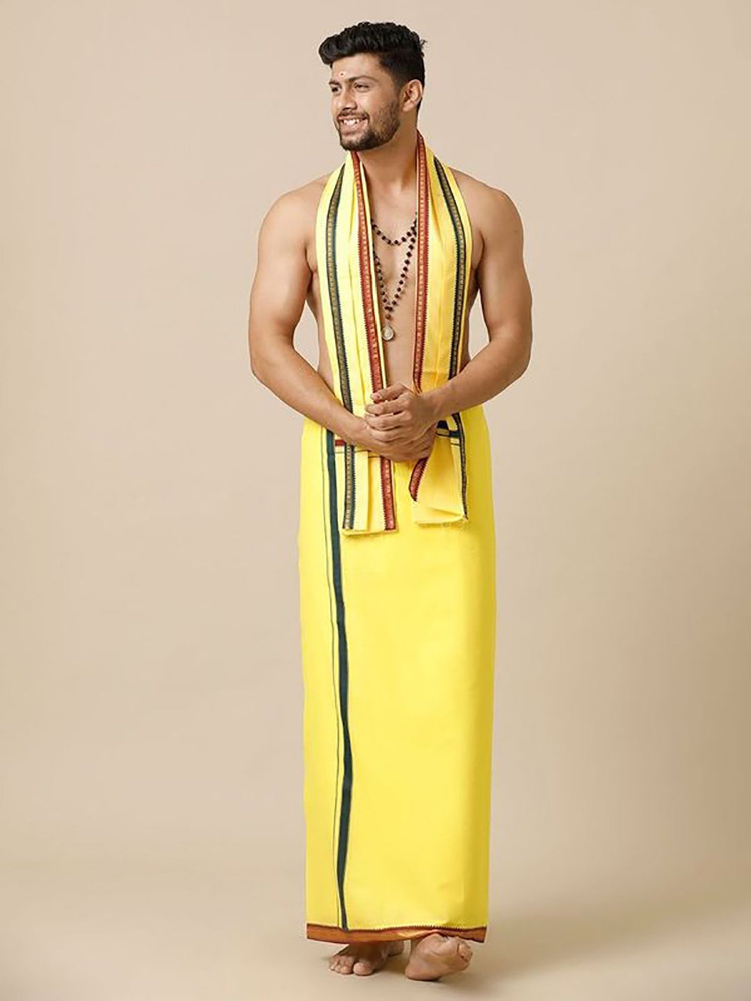 Ramraj Brindhavan Yellow Cotton Solid Dhotis