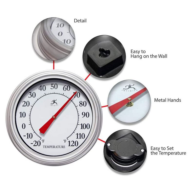 Infinity Instruments 12-Inch Round Analog Outdoor Patio Thermometer with Easy Keyhole Hanging Design, Silver