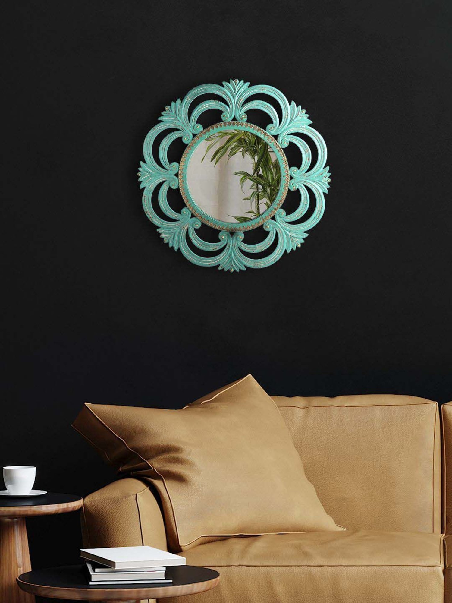 Aapno Rajasthan Green Wooden Round-Shaped Wall Mirror