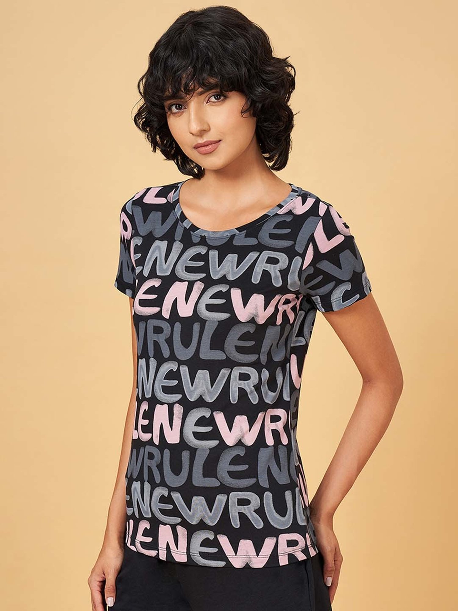 Ajile by Pantaloons Black Cotton Printed Sports T-Shirt