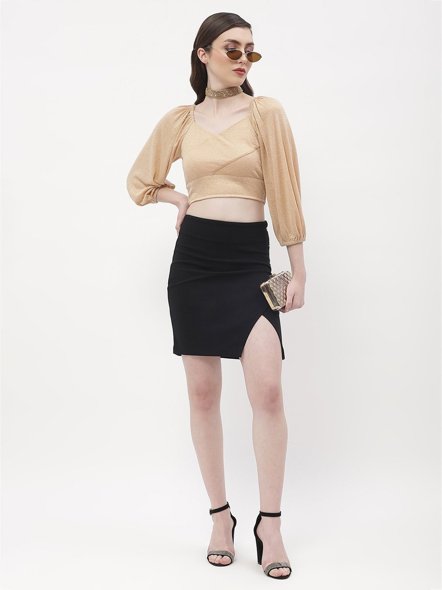 MADAME Beige Textured Crop Top