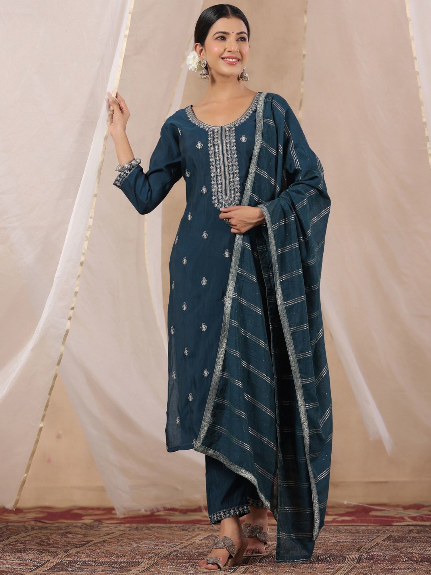 Ishin Blue Embroidered Kurta Pant Set With Dupatta
