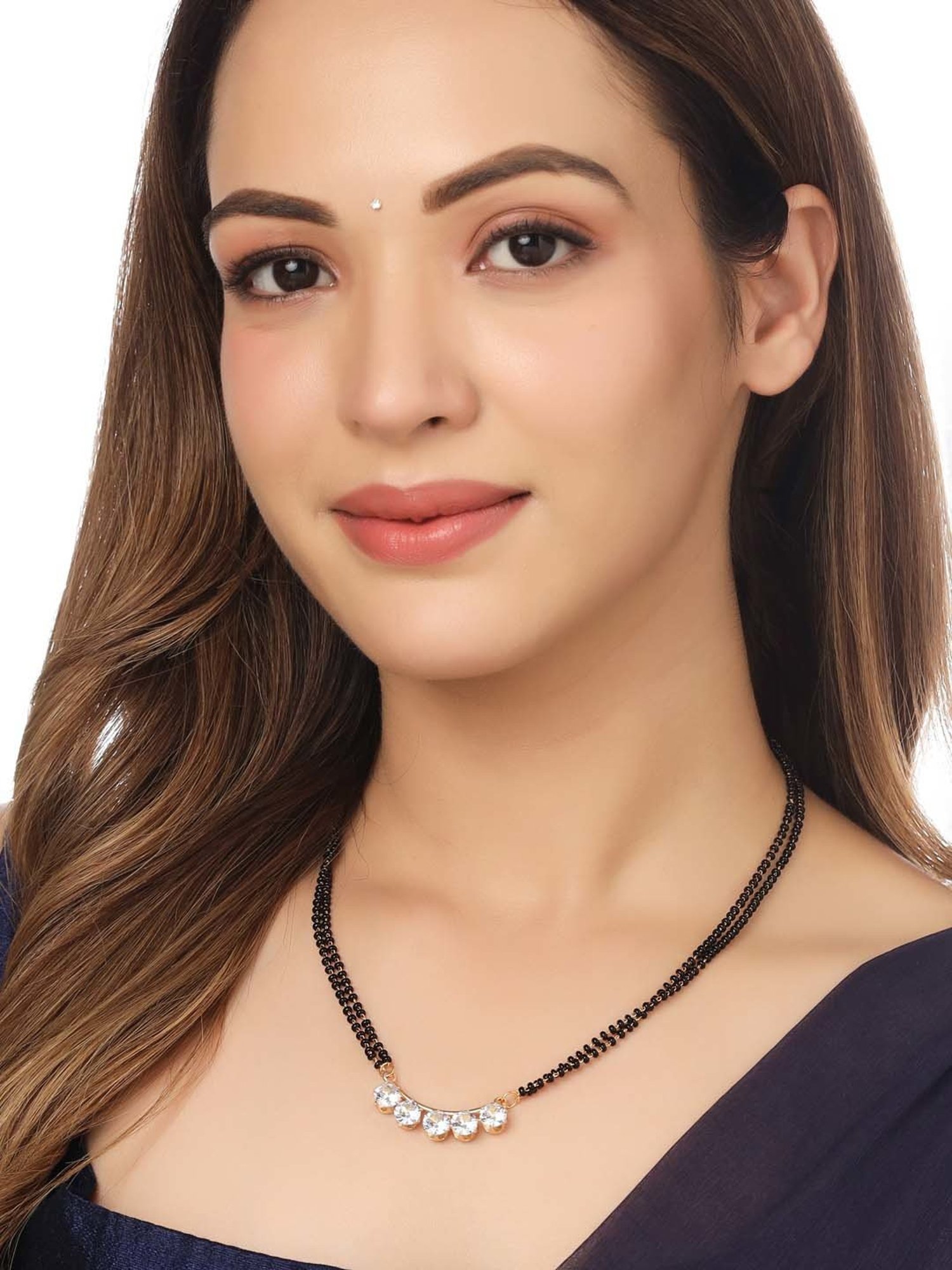 NVR Black Gold-Plated Beaded Mangalsutra with AD Stone for Women - Set of 2