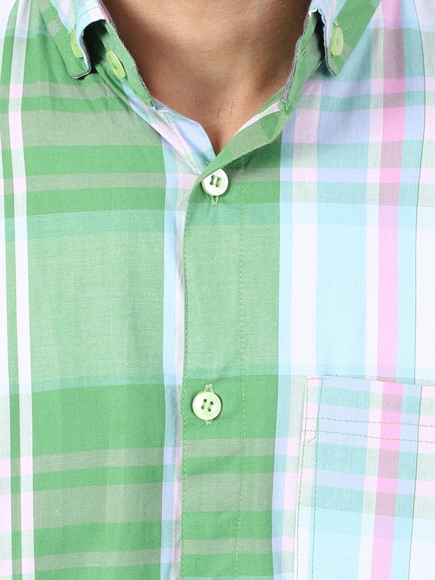TAHVO Green & White Cotton Slim Fit Checks Shirt