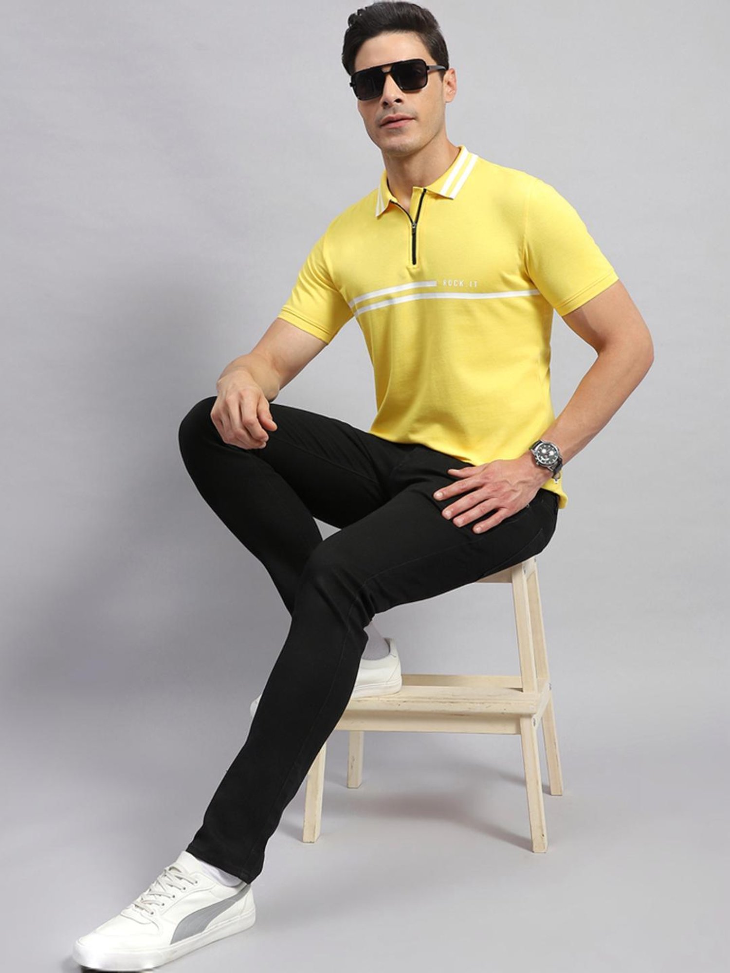 Rock.it Yellow Cotton Regular Fit Printed Polo T-Shirt