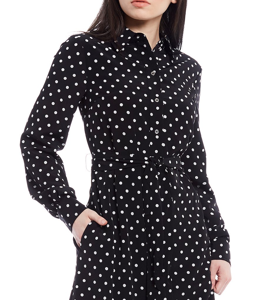 LDT Adrienne Dotted Long Sleeve Belted Midi Dress