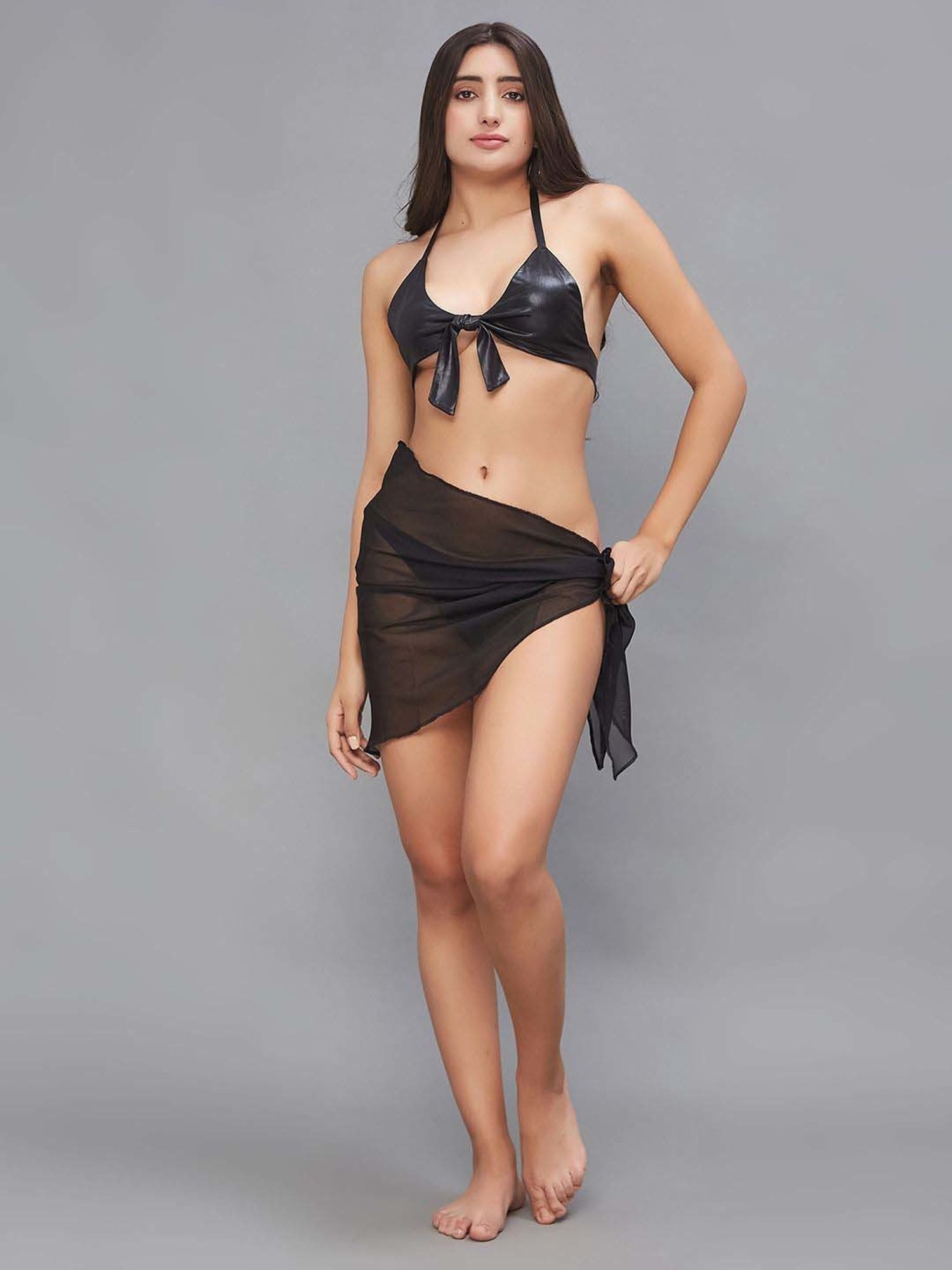 Secrets By ZeroKaata Black Plain Swim Bikini Set With Sarong