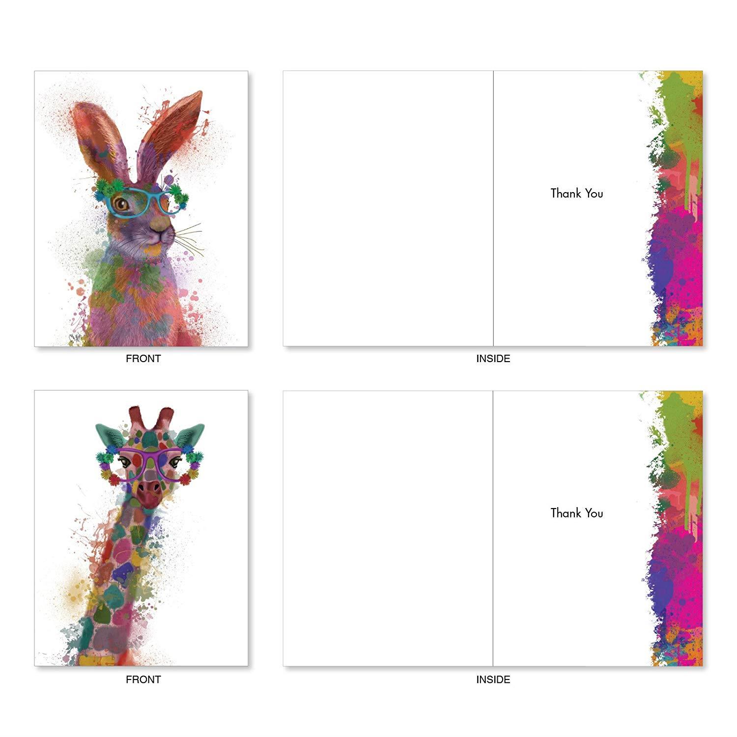 Funky Rainbow Wildlife: 10 Assorted Thank You Greeting Cards With Hipster-Like Images of Wildlife with Colorful Paint Splotches, with Envelopes. AM4948TYG-B1x10