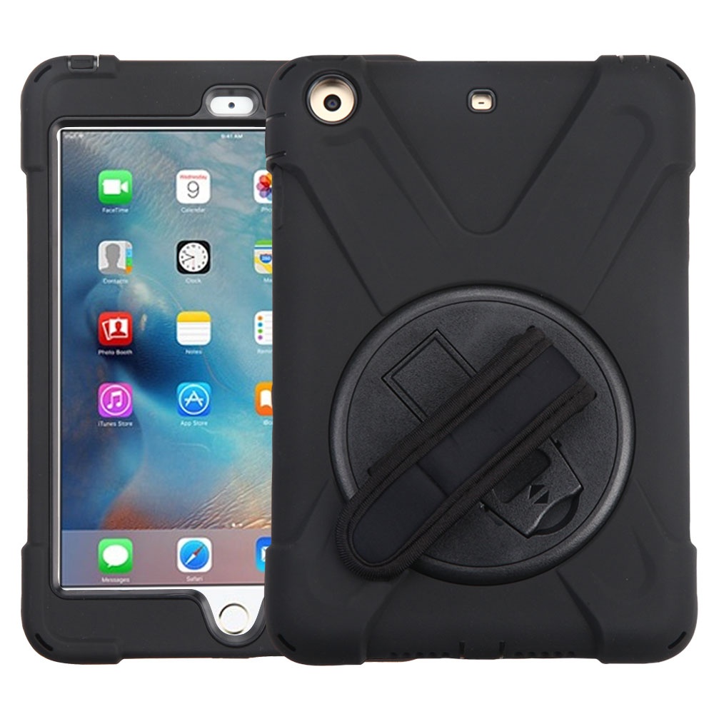 3-IN-1 Hybrid Armor Case with Hand Strap and Rotatable Stand for iPad Mini - Black