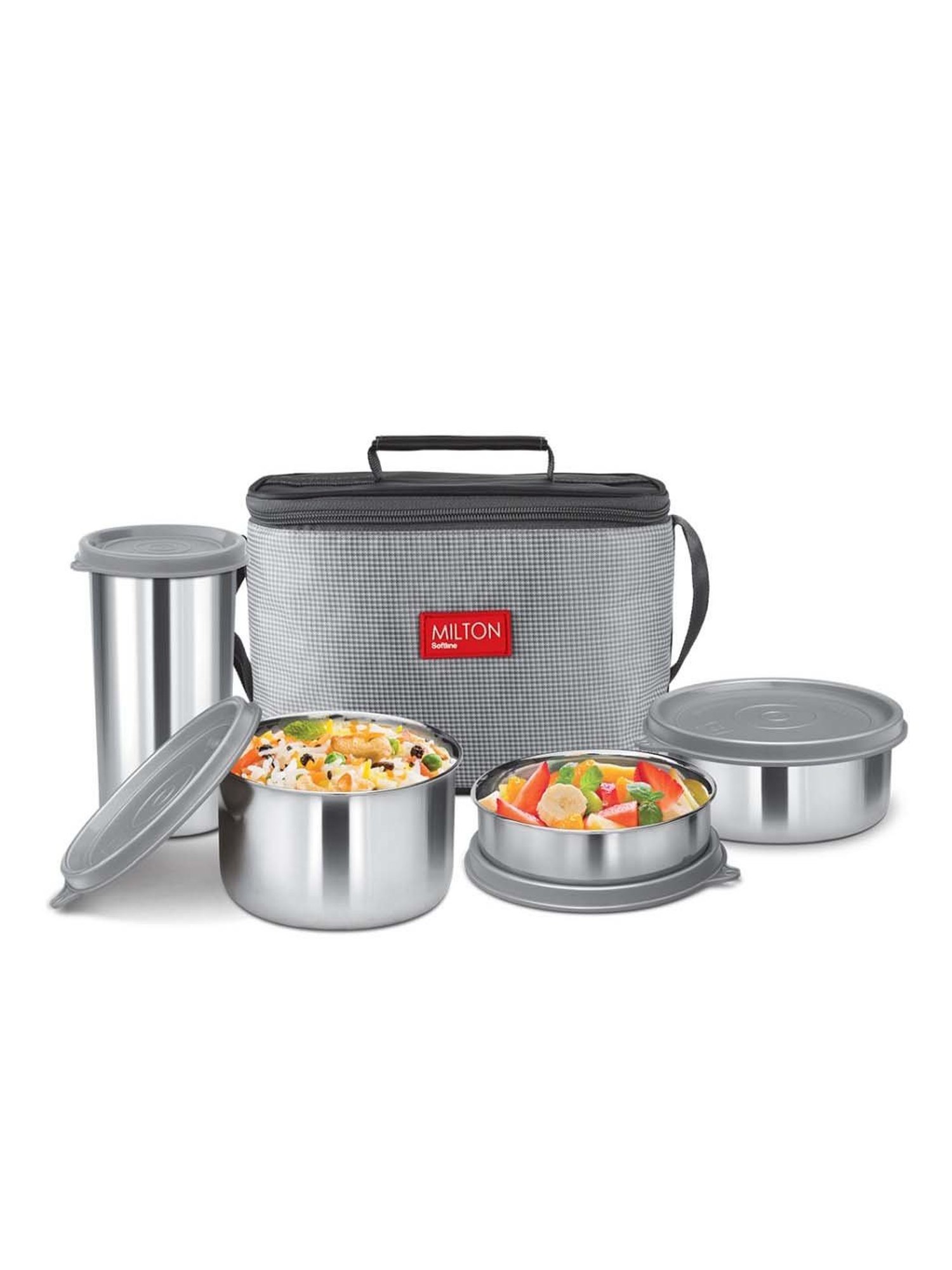Milton Grey Stainless Steel Lunch Box Set with Tumbler & Bag