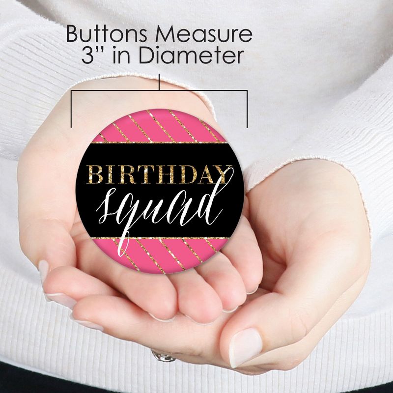 Big Dot of Happiness Chic Happy Birthday - Pink, Black and Gold - 3 inch Birthday Party Badge - Pinback Buttons - Set of 8