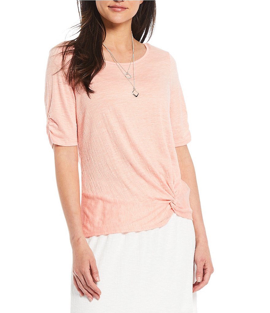 I.N. Studio Pucker Knit Ruched Short Sleeve Knot Front Detail Necklace Top