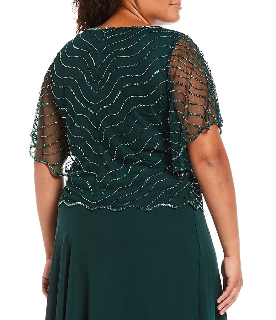 Jkara Plus Size Short Cape Sleeve Lined Round Neck Beaded Gown