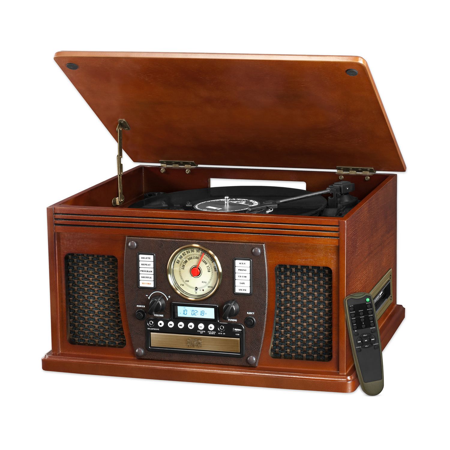 Victrola VTA-750B Nostalgic Aviator 7-in-1 Turntable Wooden Entertainment Center with Bluetooth, Mahogany