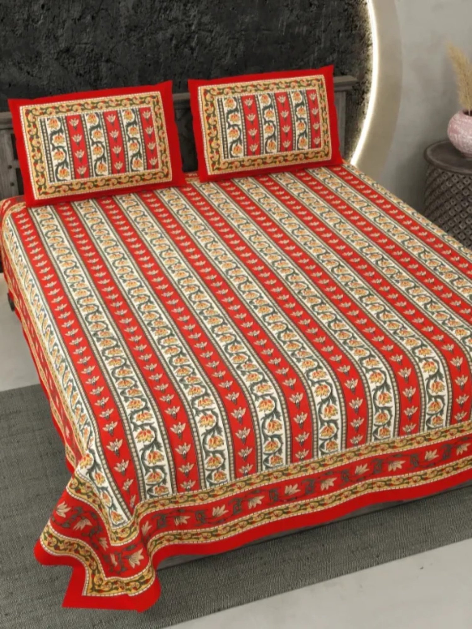 Living Roots Floral Red 300 TC Cotton Bedsheet with 2 Pillow Covers