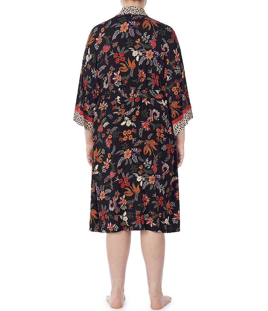 Kensie Plus Floral & Paisley Print Woven Long Wrap 3/4 Sleeve Robe