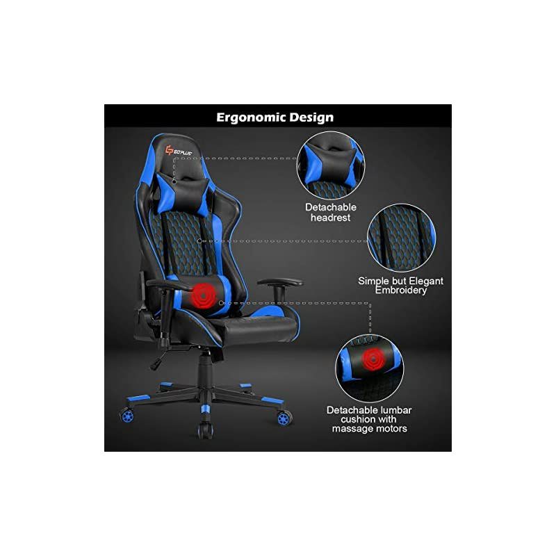 Massage Gaming Chair, Reclining Backrest Handrails and Seat Height Adjustment Racing Computer Office Chair, Ergonomic High Back Embroidered PU Swivel Game Chair with Headrest and Lumbar Cushion