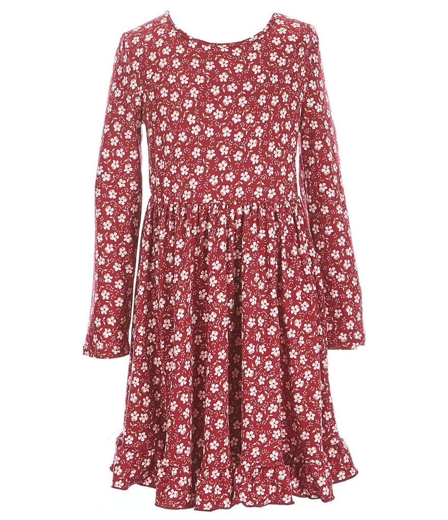Zunie Big Girls 7-16 Long-Sleeve Ditsy Print Ruffle Hem Babydoll Dress