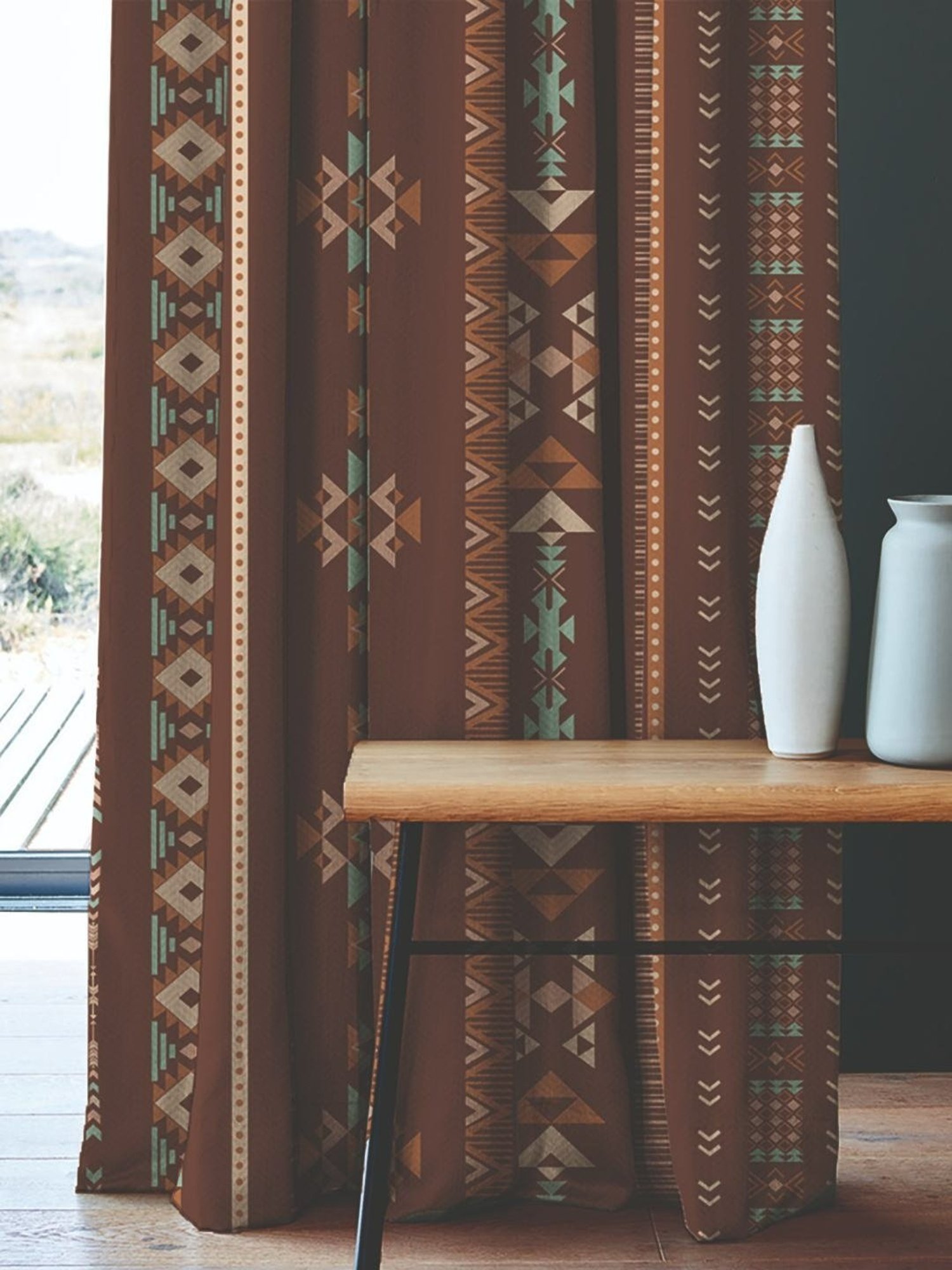 SPACES DRAPE STORY Boho Digital Print Brown Polyester 5 ft Window Curtains - Set of 2