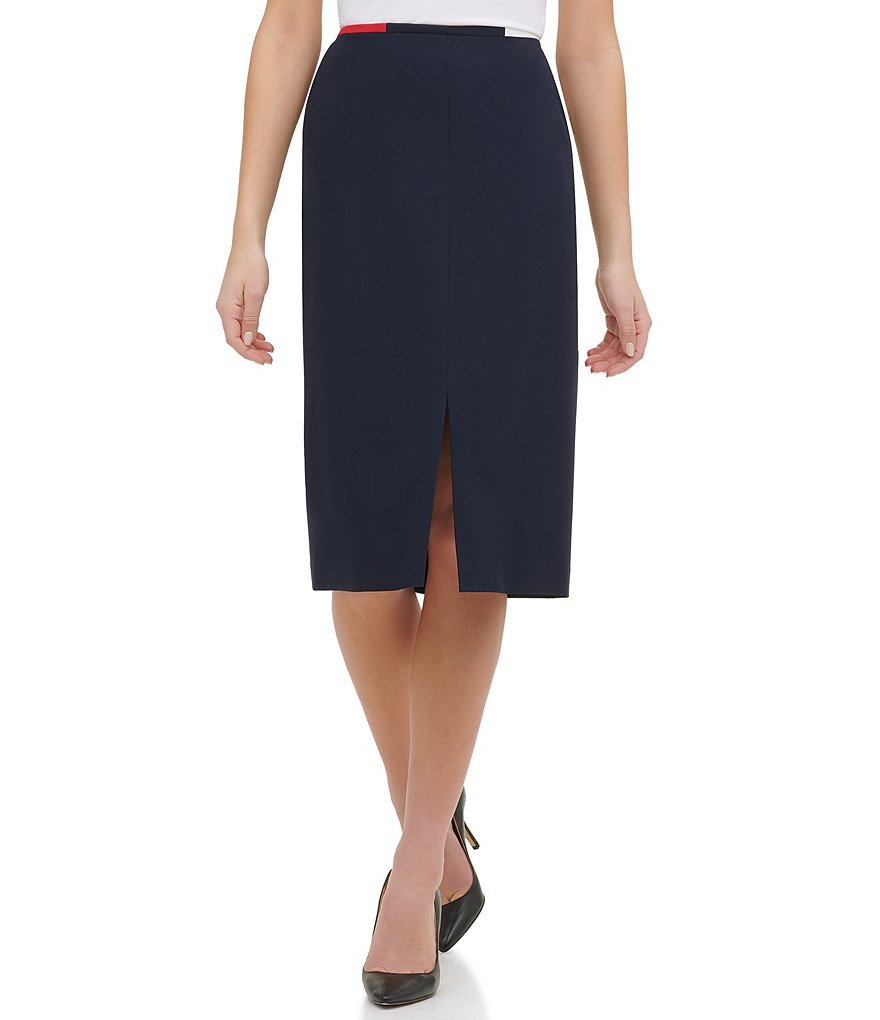 Tommy Hilfiger Front Slit Twill Contrast Waist Piping Pencil Skirt