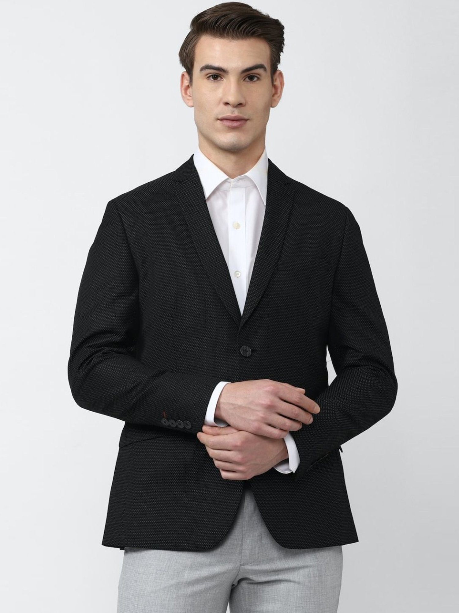 V Dot Black Slim Fit Self Pattern Blazer