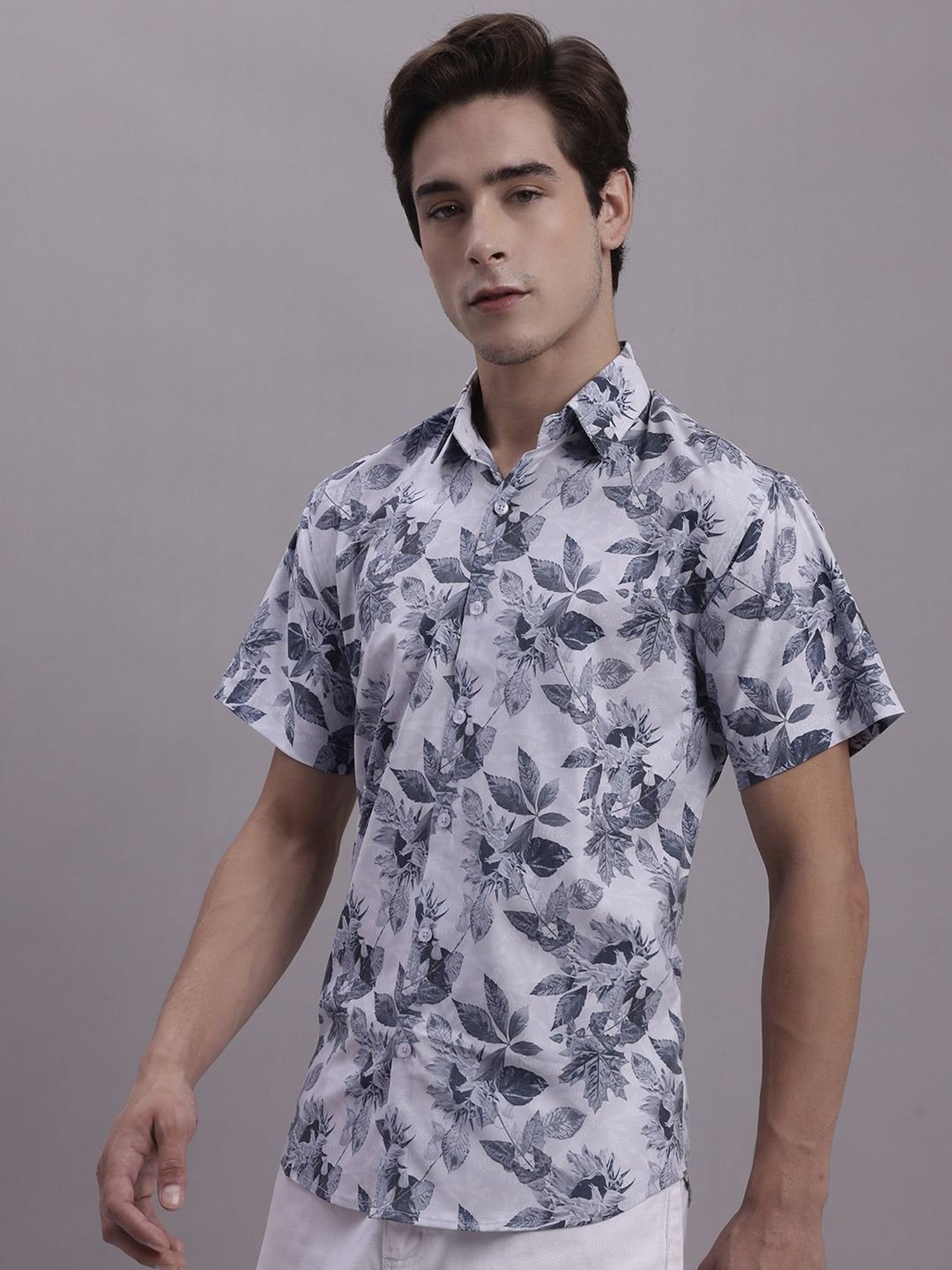 Jainish Grey Regular Fit Floral Print Shirt
