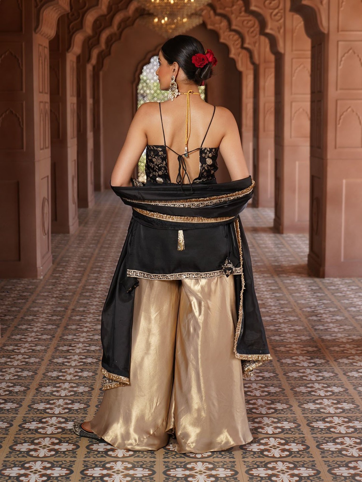 Monk and Mei Aza Satin Sharara Pants with Cape