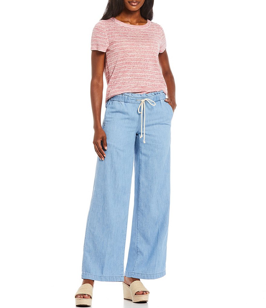 NYDJ Chambray Ruffle Drawstring Waist Wide Leg Pants