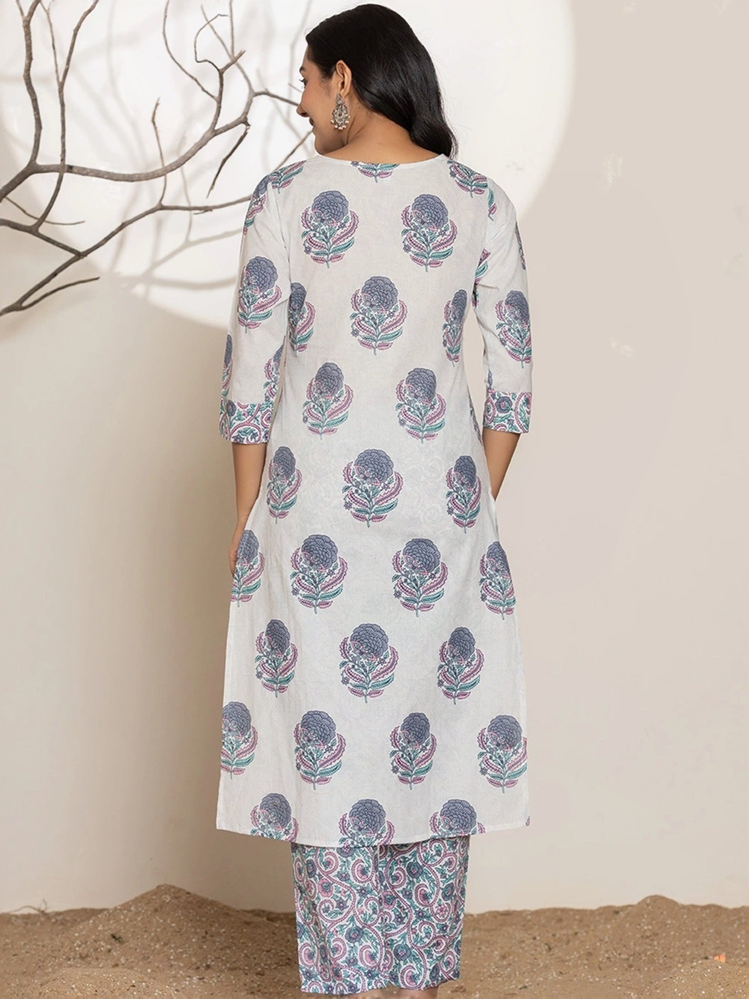 Yufta Blue & White Cotton Printed Kurta Pant Set With Dupatta