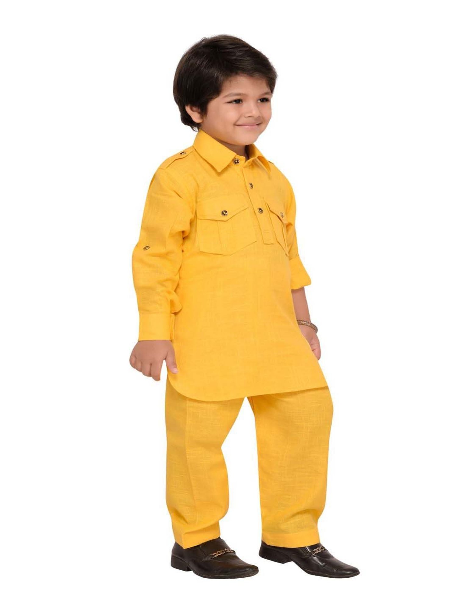 AJ Dezines Kids Yellow Regular Fit Full Sleeves Kurta Set