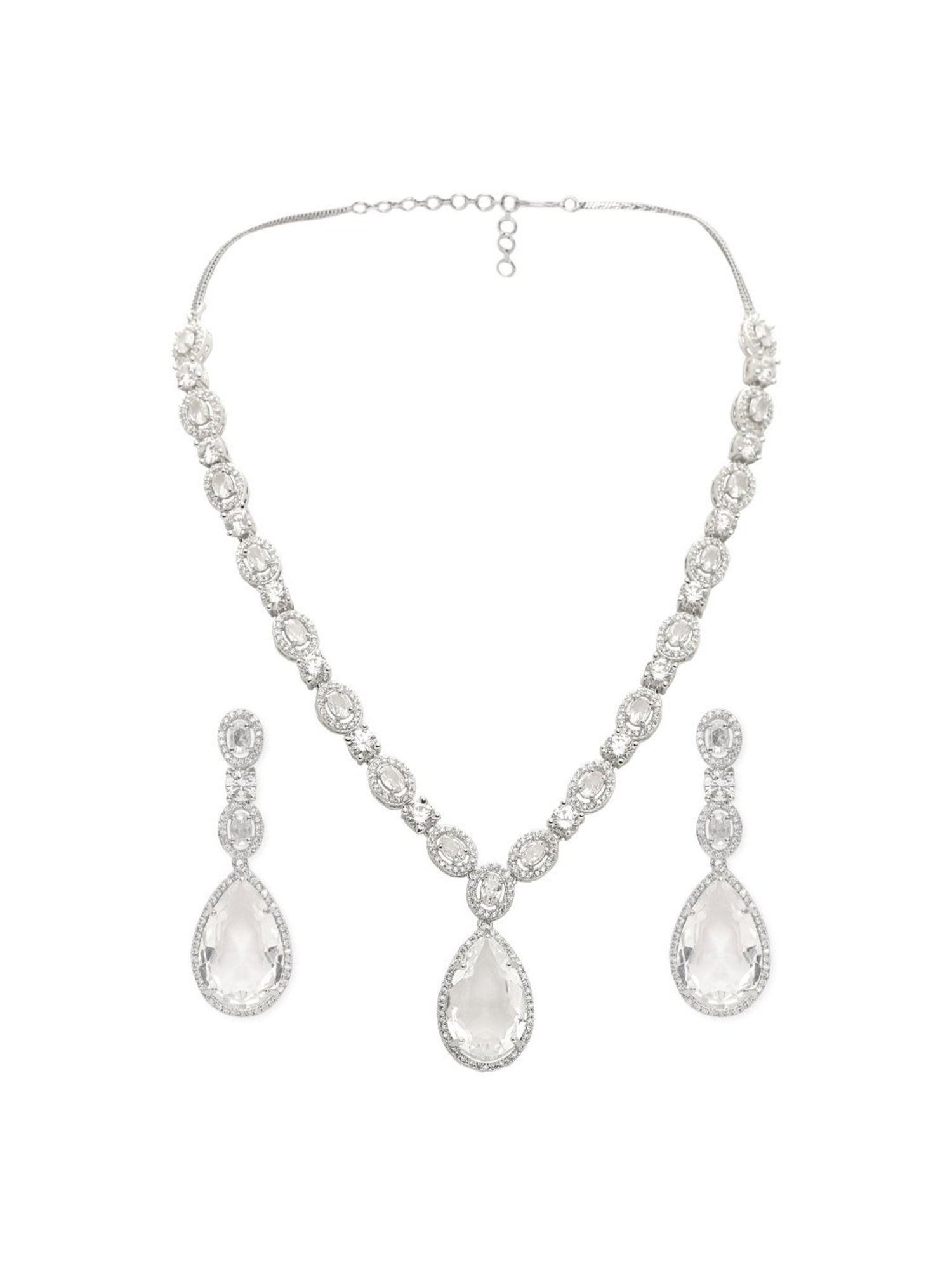 OOMPH Silver Tone American Diamond TearDrop Pendant Necklace Set with Earrings