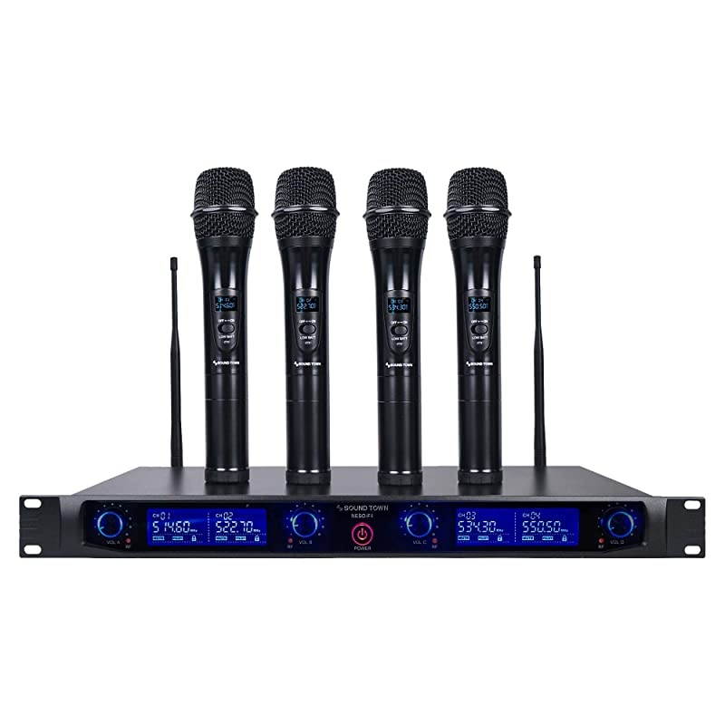 4 Channels Professional UHF Wireless Microphone System with Rack Mountable Metal Receiver and 4 Handheld Mics, for Church, School, Outdoor Wedding, Meeting, Party and Karaoke