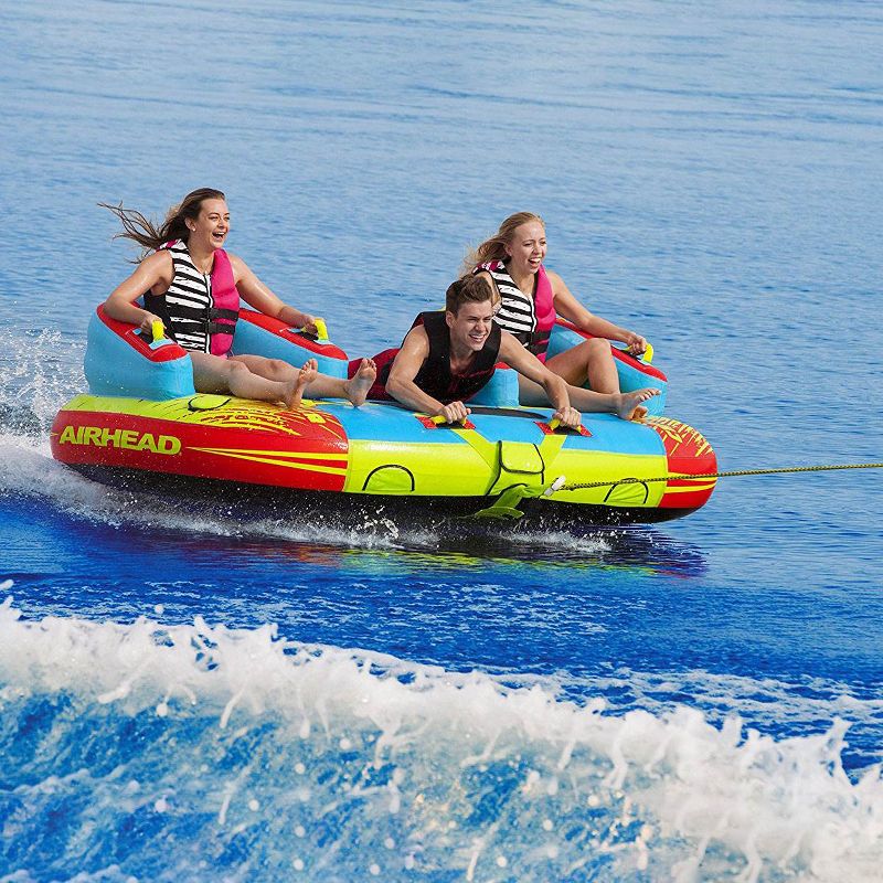 Airhead 1-3 Rider Challenger Inflatable Towable Boating Water Sports Lake Boating Tube with Dual Tow Points, Handles, and Backrest